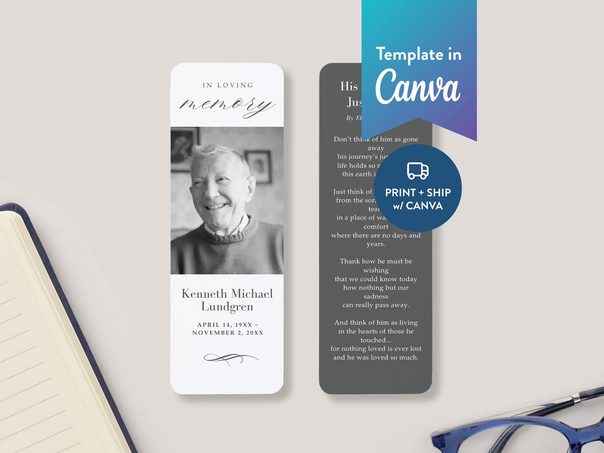 Classic Elegance Funeral Bookmark | Canva Template (2x6 in)