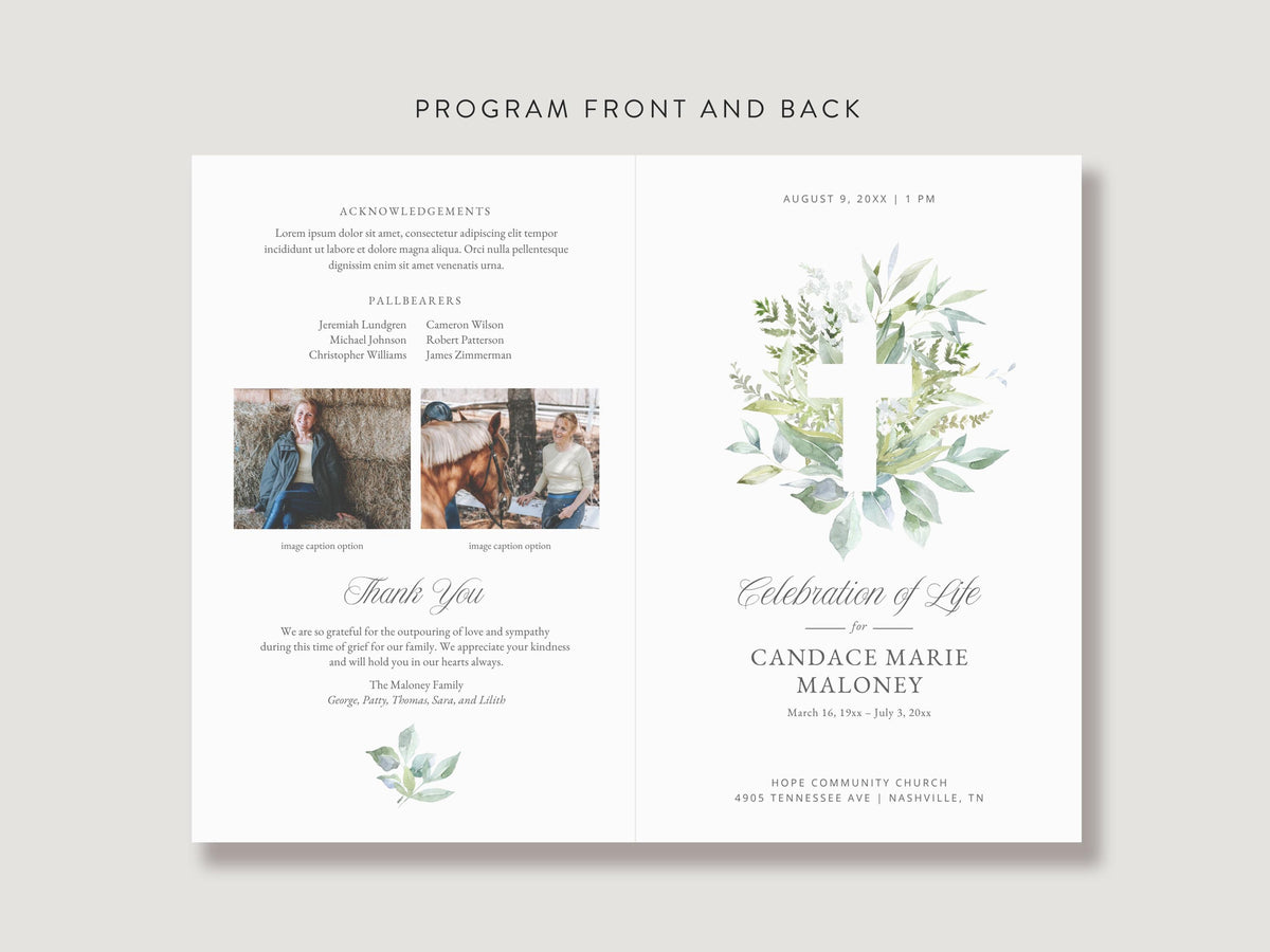 Greenery Cross Memorial Program | Canva Template (Folded 8.5x11 in, A4)