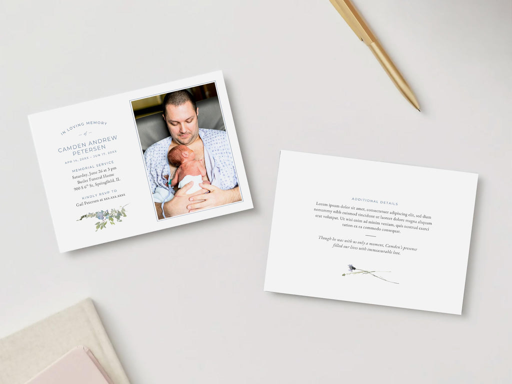 Blue Wildflower Infant Loss Memorial Invitation | Canva Template (7x5 in)