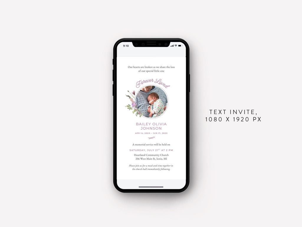 Pink Wildflower Infant Loss Memorial Text Invite | Canva Template (1080x1920 px)