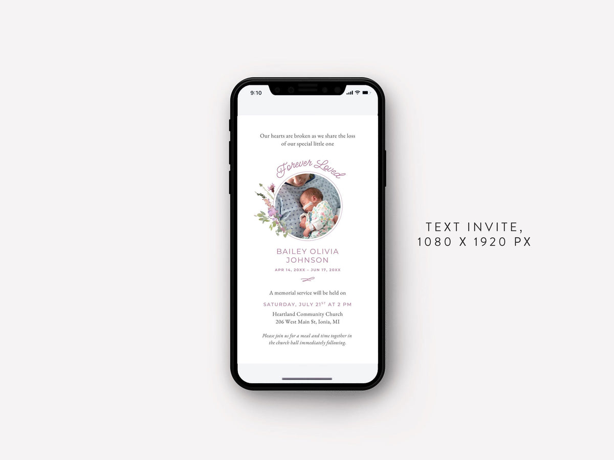 Pink Wildflower Infant Loss Memorial Text Invite | Canva Template (1080x1920 px)