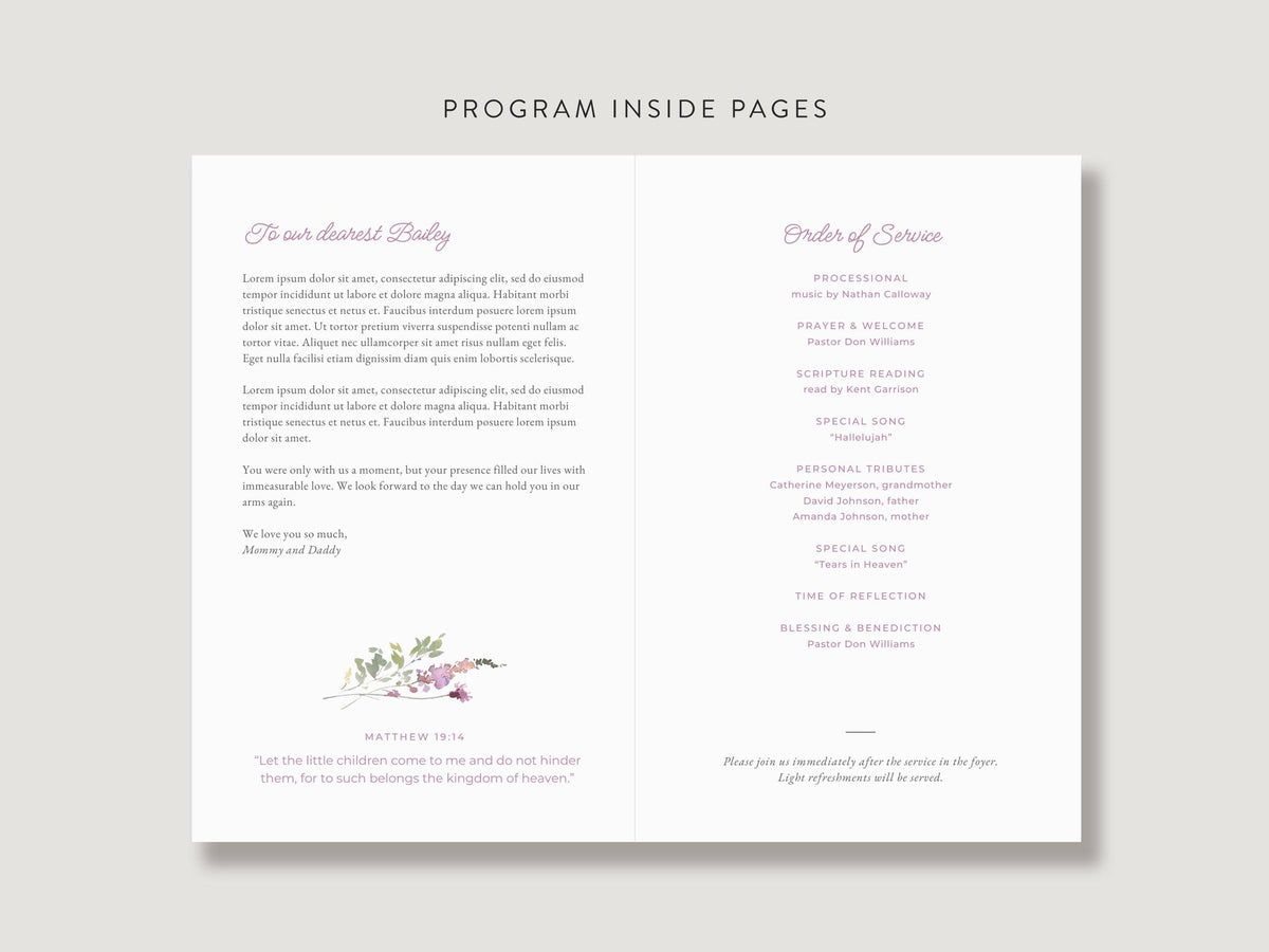 Pink Wildflower Infant Loss Memorial Program | Canva Template (Folded 8.5x11 in, A4)