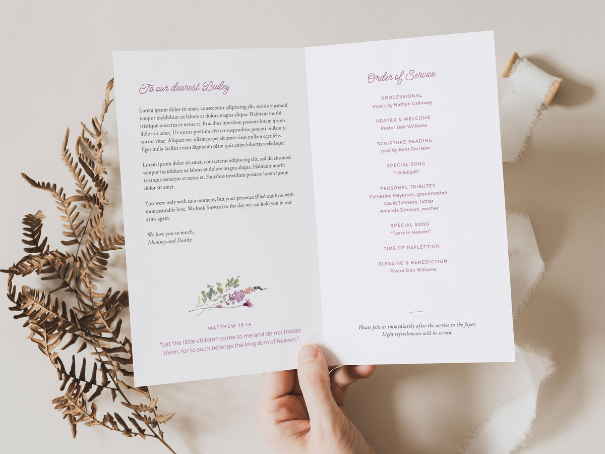 Pink Wildflower Infant Loss Memorial Program | Canva Template (Folded 8.5x11 in, A4)