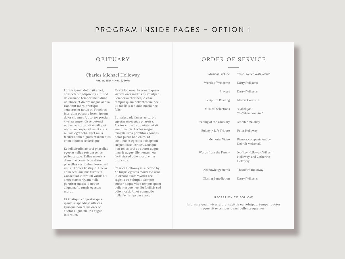 Modern Minimal Memorial Program | Canva Template (Folded 8.5x11 in, A4)