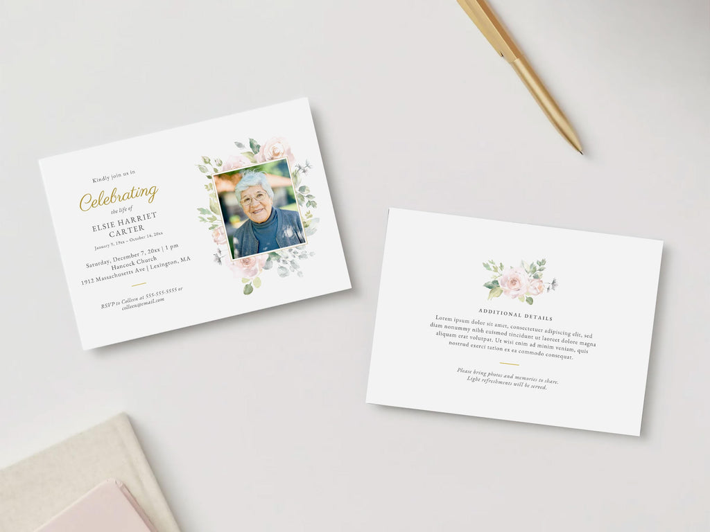 Floral Rose Memorial Invitation | Canva Template (7x5 in)