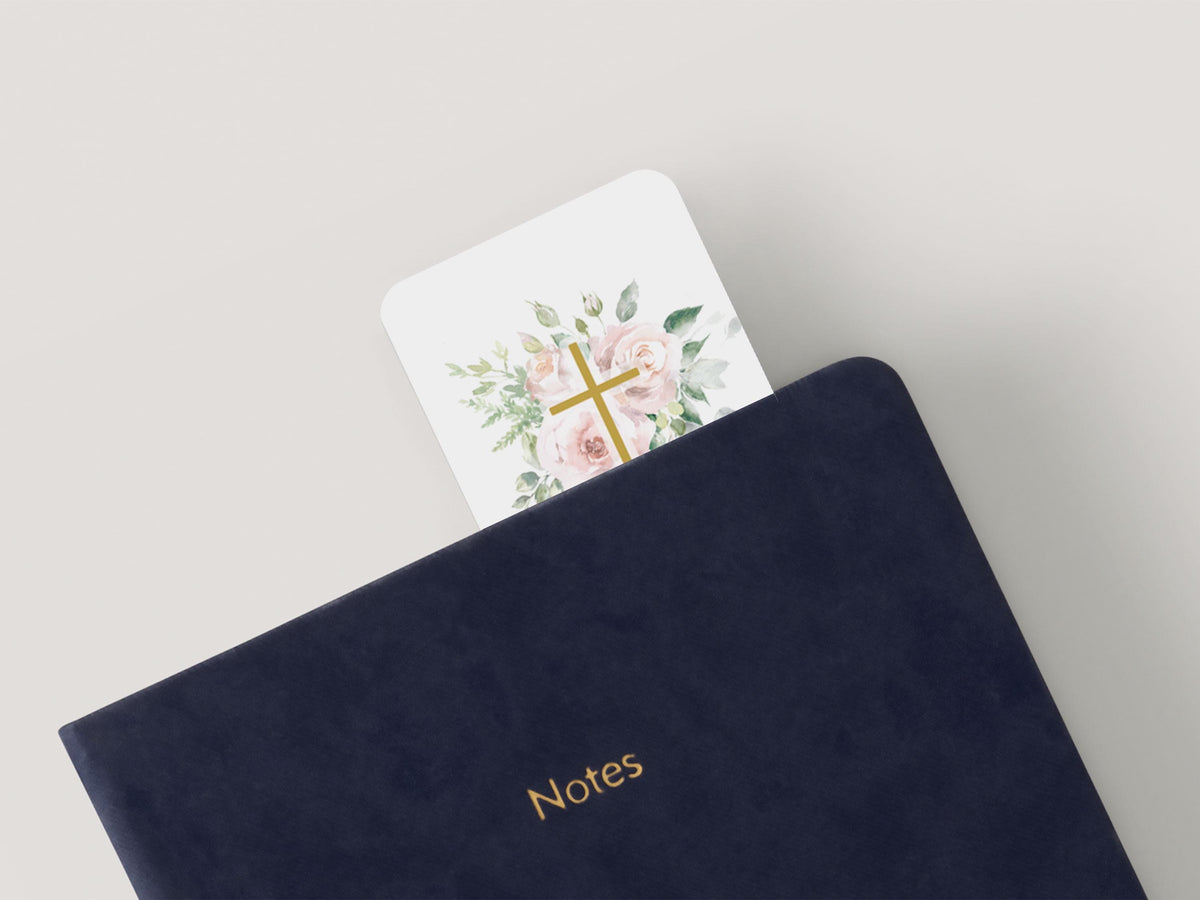 Floral Cross Funeral Bookmark | Canva Template (2x6 in)