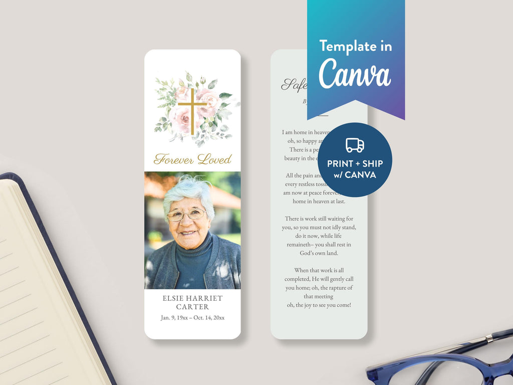 Floral Cross Funeral Bookmark | Canva Template (2x6 in)