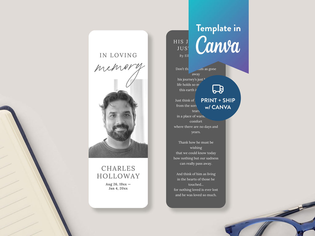 Modern Minimal Funeral Bookmark | Canva Template (2x6 in)