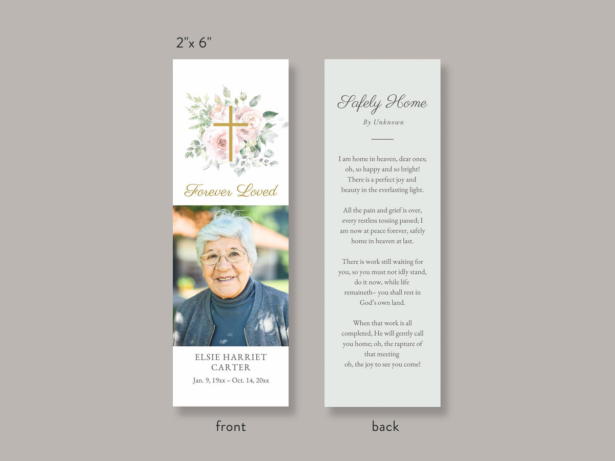 Floral Cross Funeral Bookmark | Canva Template (2x6 in)
