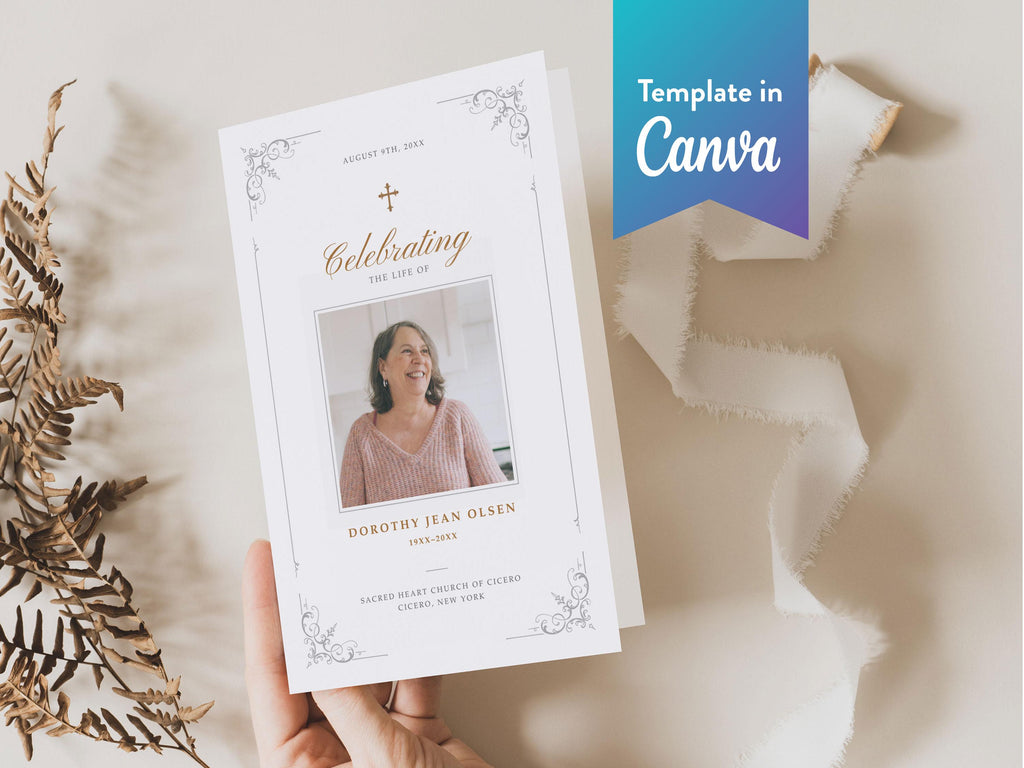 Ornate Frame Memorial Program | Canva Template (Folded 8.5x11 in, A4)