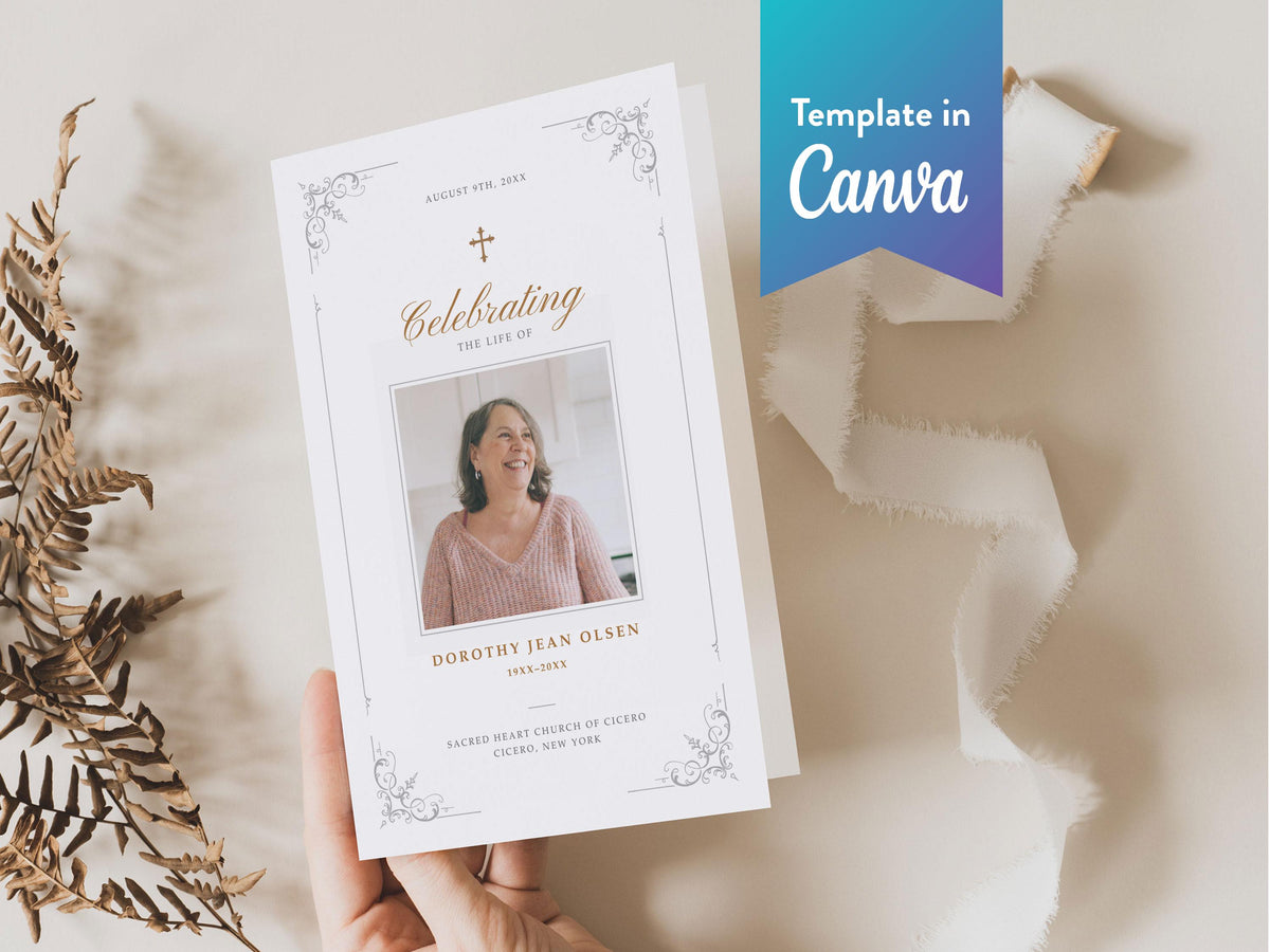 Ornate Frame Memorial Program | Canva Template (Folded 8.5x11 in, A4)