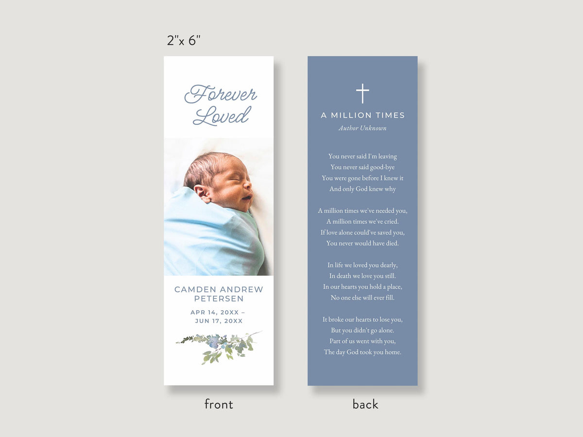 Infant Loss Blue Wildflower Funeral Bookmark | Canva Template (2x6 in)