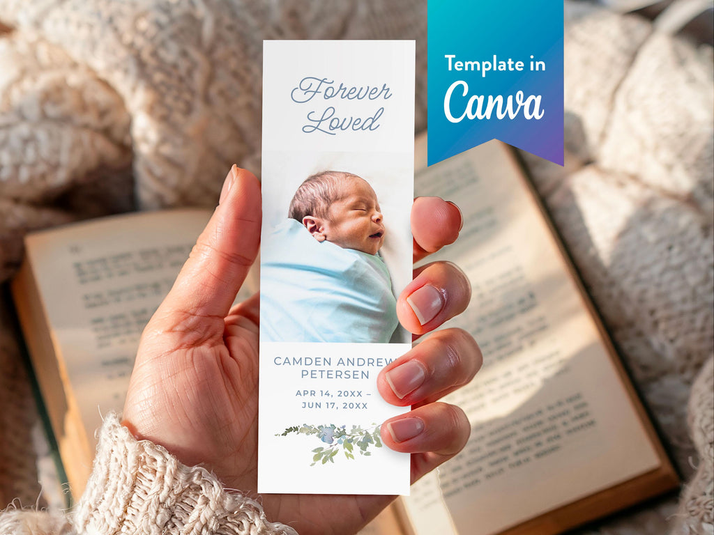 Infant Loss Blue Wildflower Funeral Bookmark | Canva Template (2x6 in)